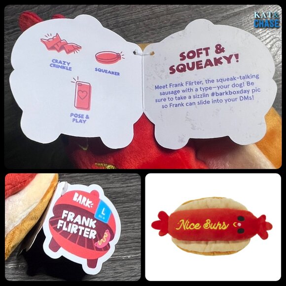 NWT Bark Box Frank Flirter L Dog Toy Large Barkyard BBQ Crinkle Squeak Hot Dog - Picture 4 of 11